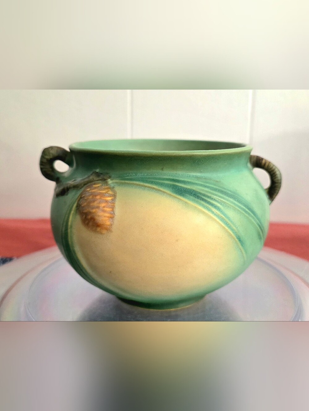 Roseville Pottery Pinecone Line Green Over Yellow Vase Number 400 4